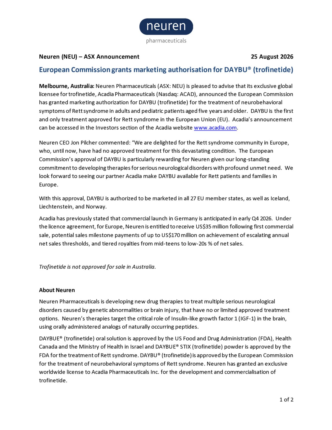 European Commission grants marketing authorisation for DAYBU