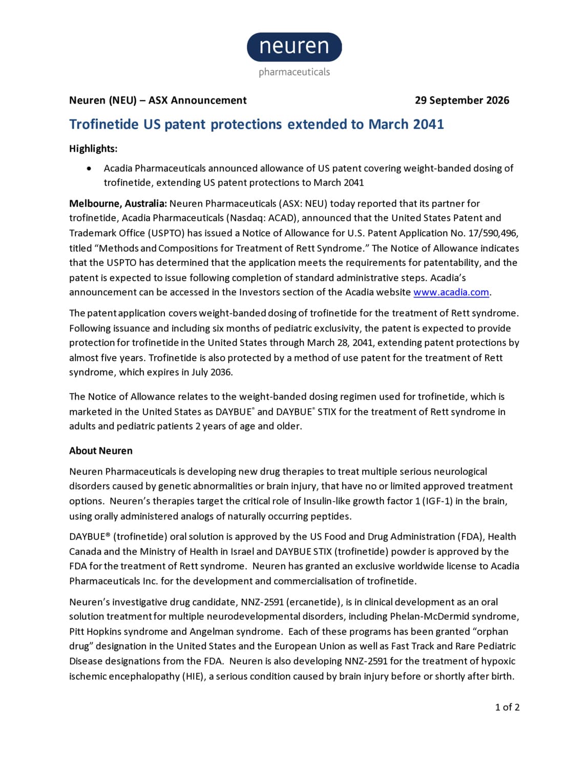 Trofinetide US patent protections extended to March 2041